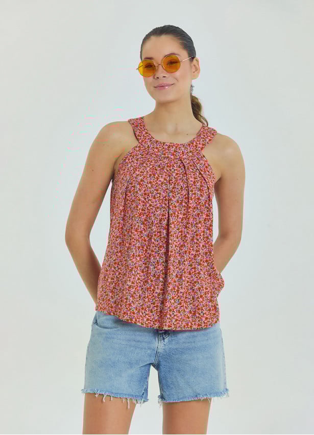 Halter Neck Button Detail Pleated Pink Floral Blouse 4675